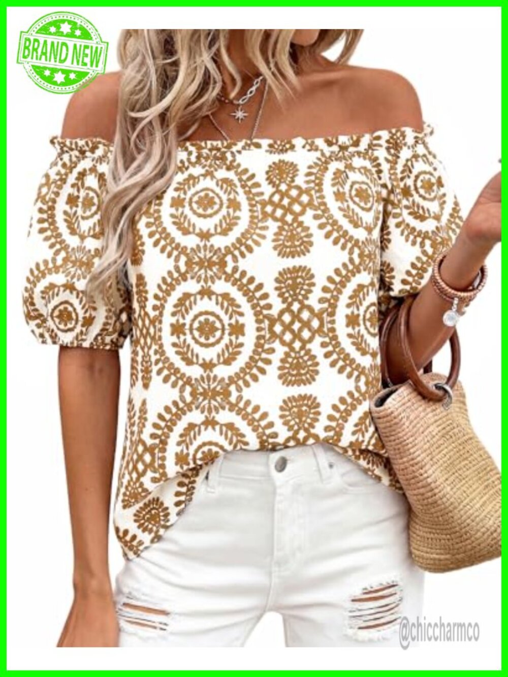 Off Shoulder Boho Blouse Loose Fit Puff Sleeve Resort Beach Top